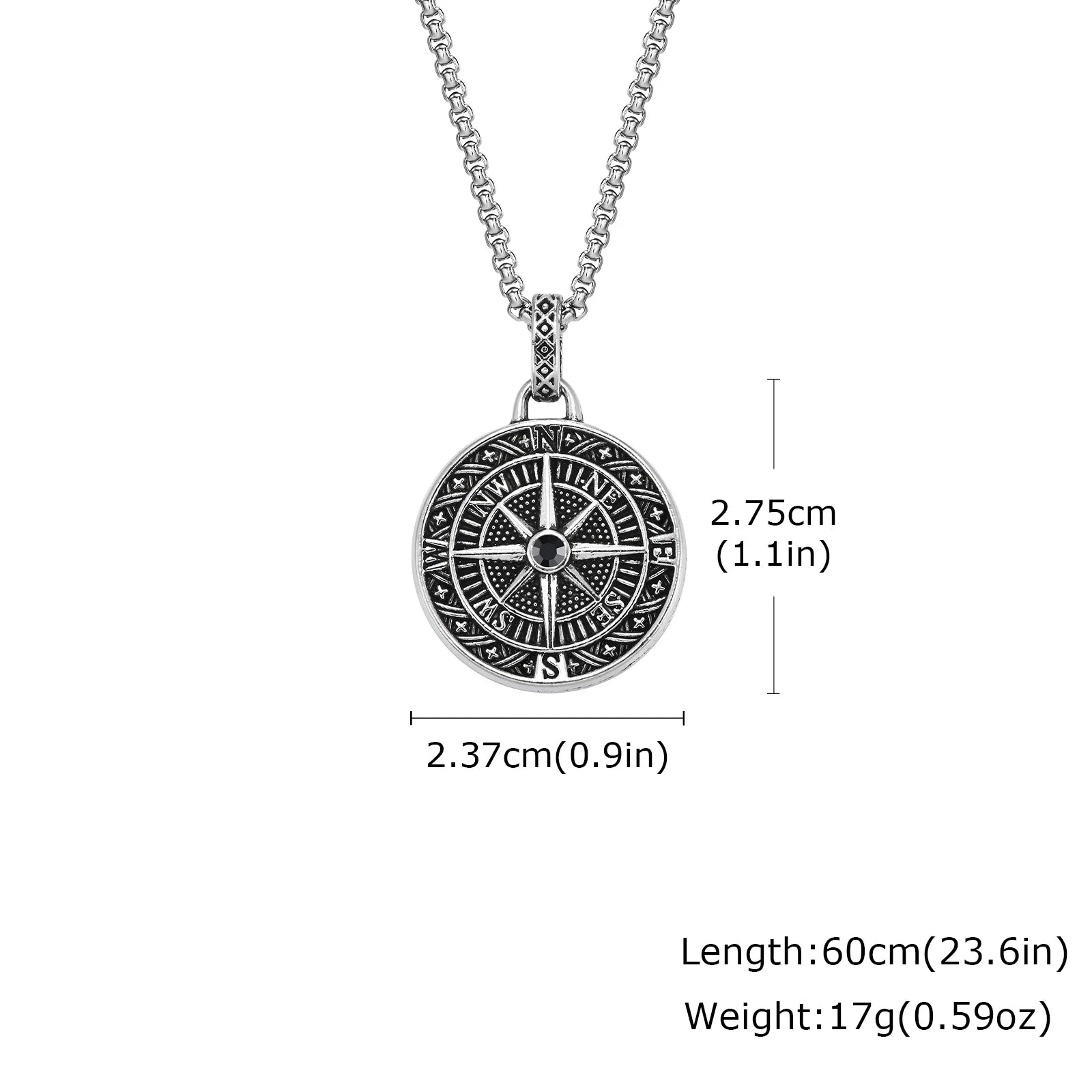 Men's Silver Color Geometric Pendant Necklace, Non Fading Stainless Steel Compass Neck close-up view
