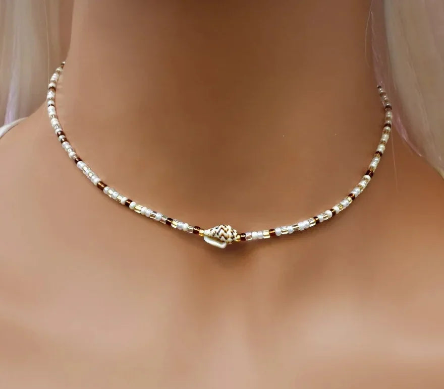 White Glass Seed Bead with Beaded Conch Shells Necklace alternate view