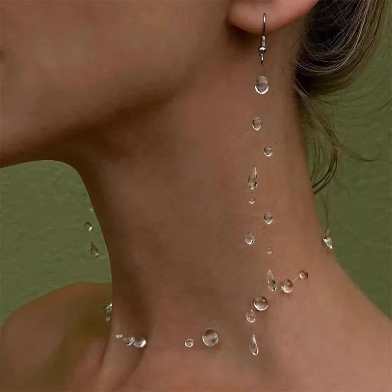 Simple Transparent Water Drop Clavicle Chain Thin Rope Beaded Tassel Earrings Necklace Bracelet Wome