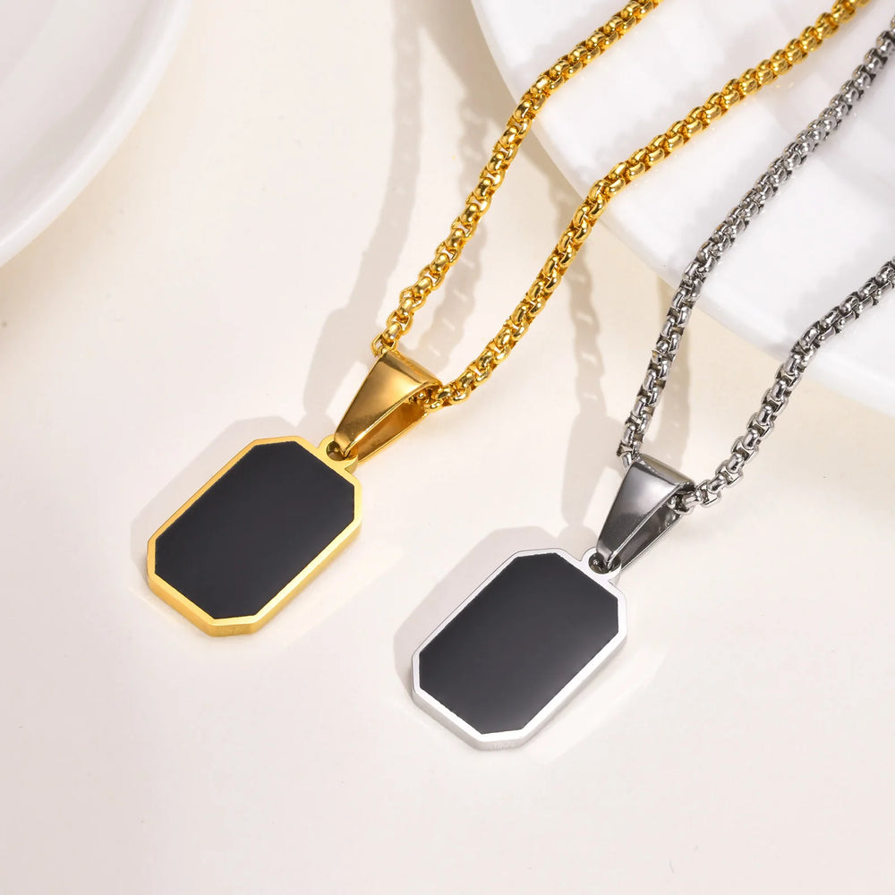 Men's Geometric Square Necklace | Black Enamel Rectangle Pendant with Rope Chain close-up view