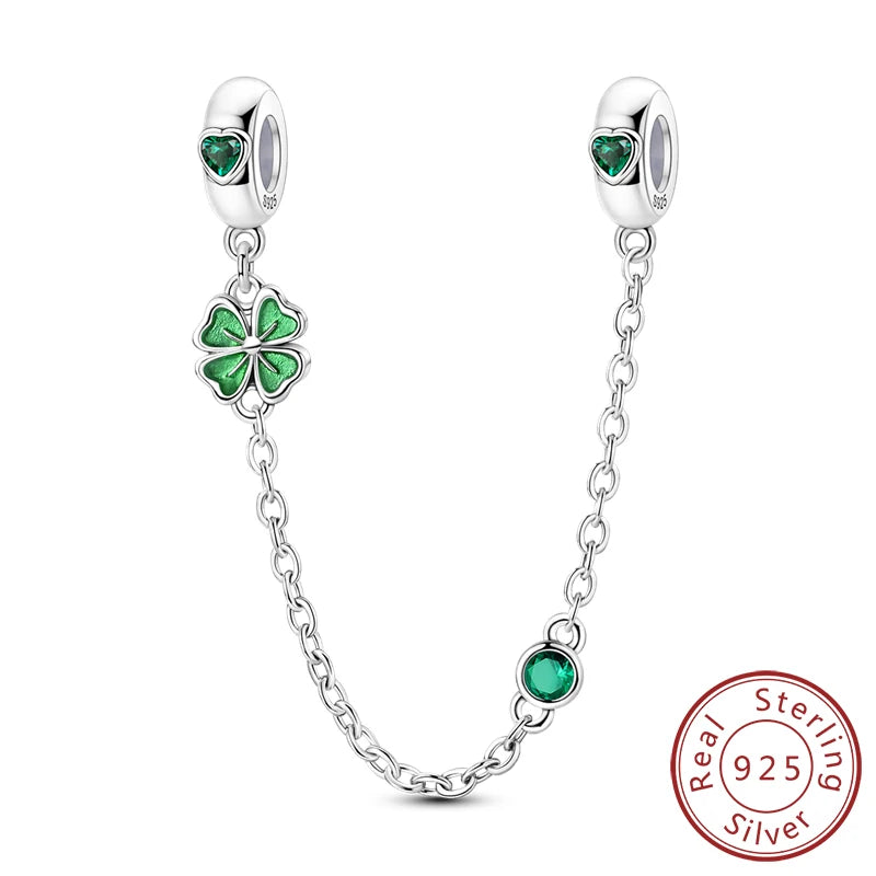 925 Sterling Silver Pendant Charms Beads Green Four-leaf Clover Love Family Tree Charm close-up view