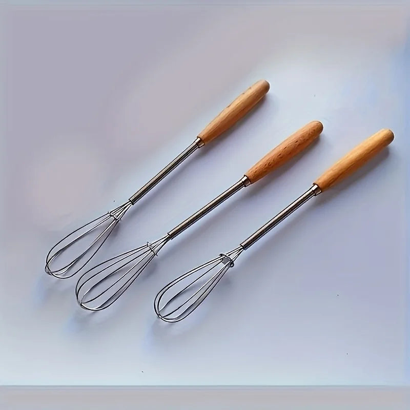 1pc/3pcs Set of Whisks with Solid Wood Handles | Stainless Steel Kitchen Whisk and additional angle