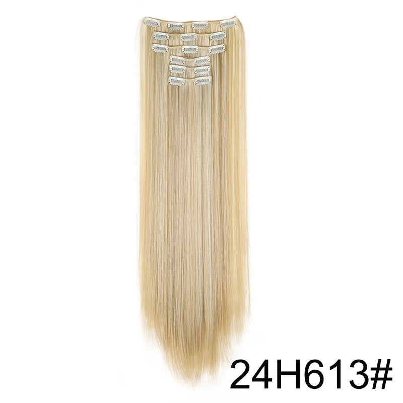 Synthetic 24 Inch Clip In Hair Extensions | Long Straight Blonde Black Heat Resista additional angle