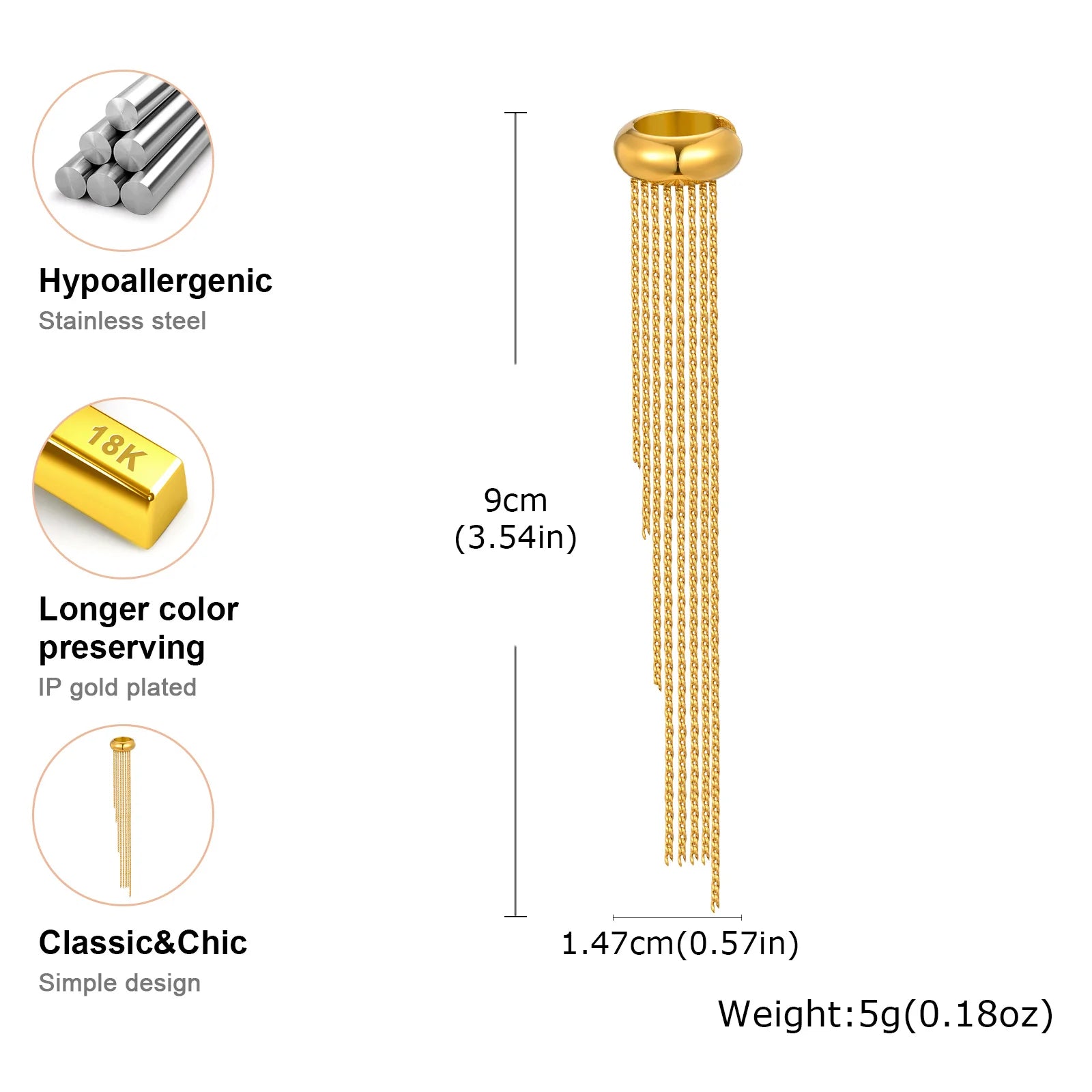 Fashion Long Tassel C-shaped Fake Piercing Ear Clip for Women Gold Plated Stainless additional angle
