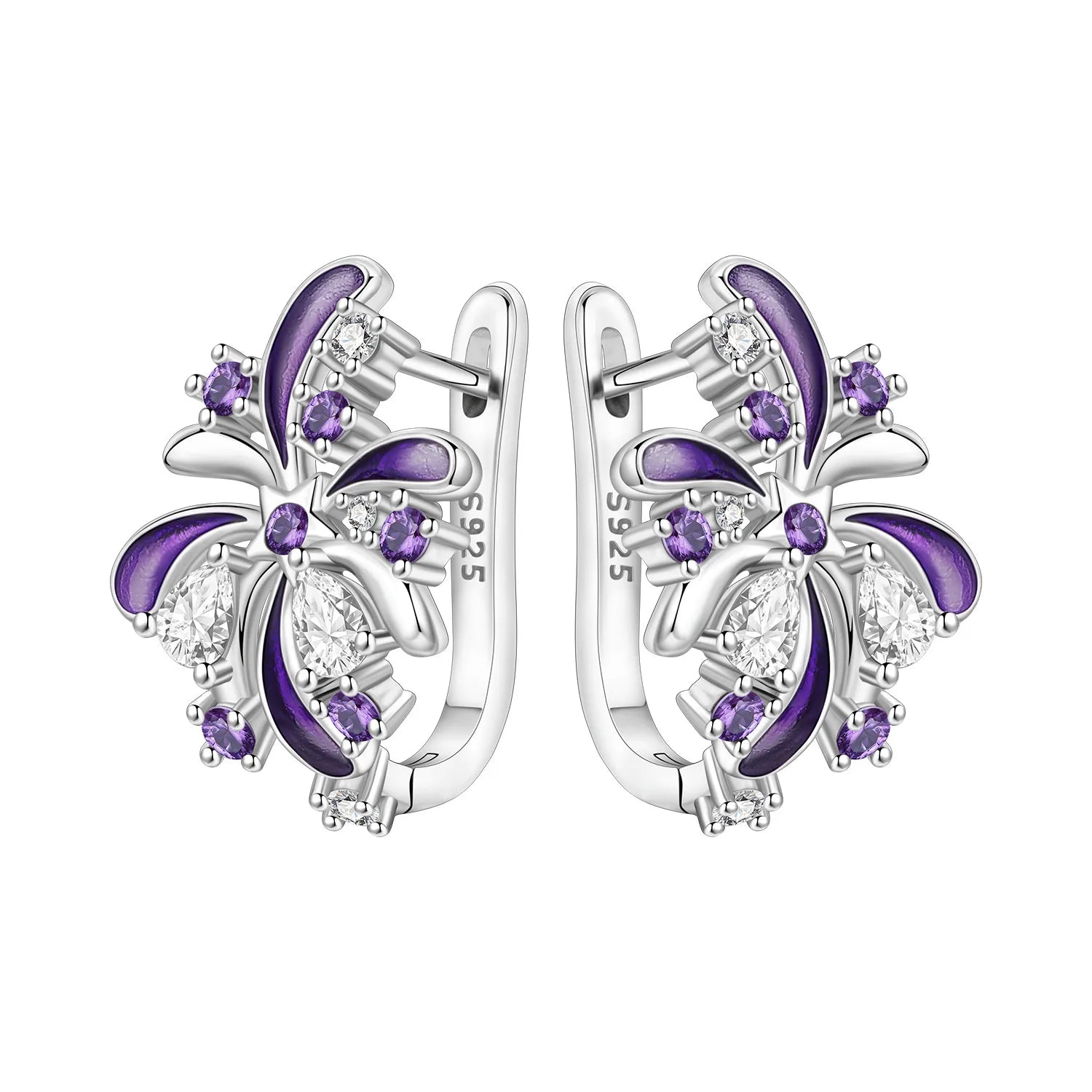 Orstarry Original 925 Sterling Silver Blue Iris Flower Earrings Women Hoop Earring additional angle