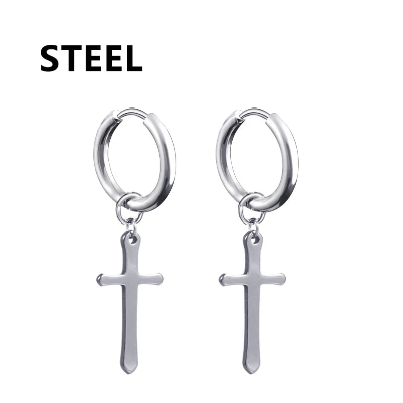 2pc Stainless Steel Men Cross Stars Punk Dangle Earrings Gothic Woman Cross Ear Hoop E close-up view