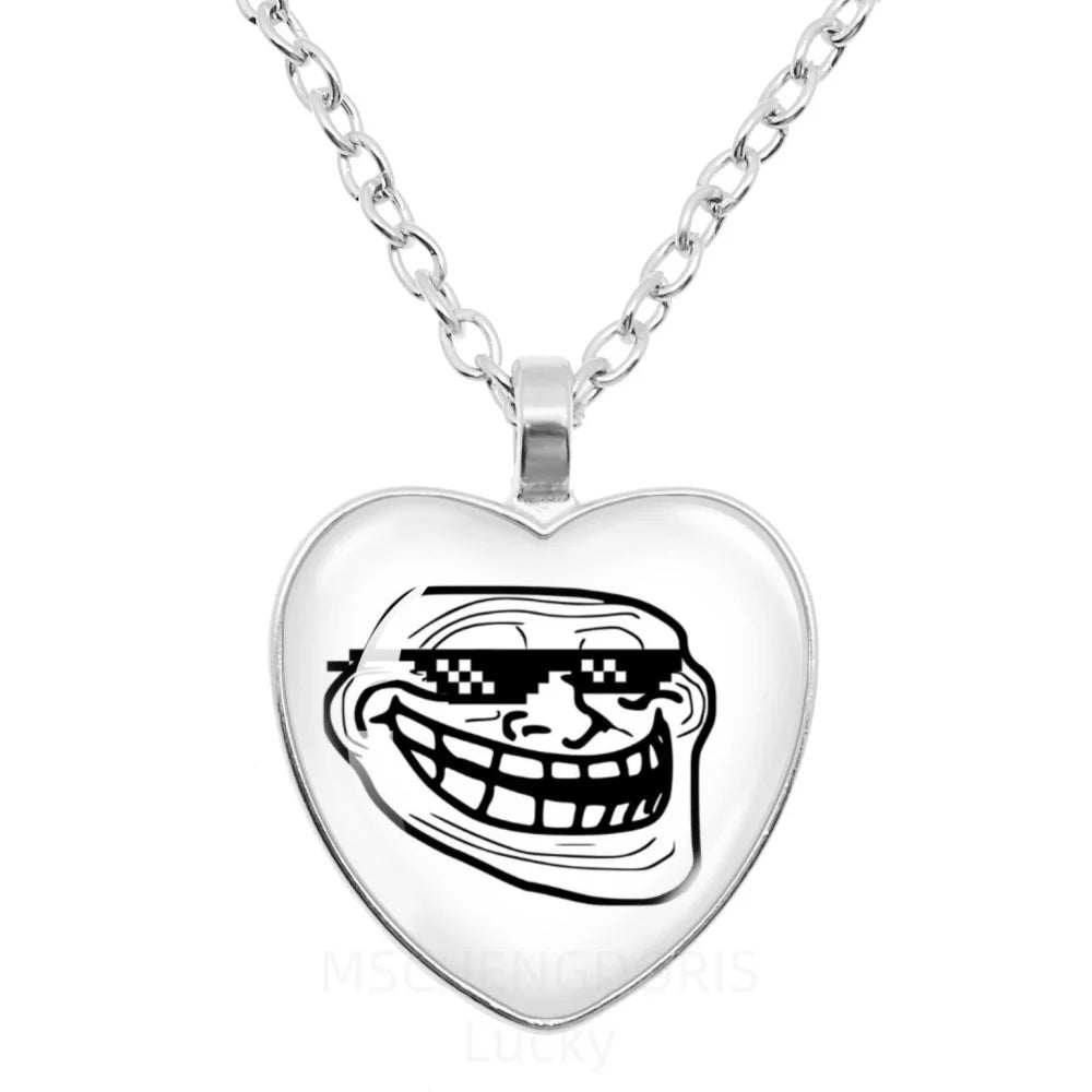 Rage Comic Necklace Derp Face Trollface Funny Meme Cartoon Glass Heart Shape Pendant lifestyle view