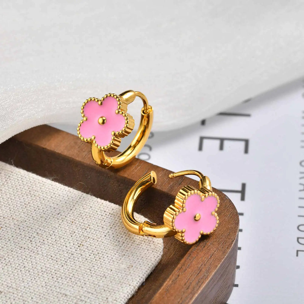 Dainty Lucky Leaf Hoop Earrings for Women Teens, Stainless Steel Flower Hoop Earrings close-up view