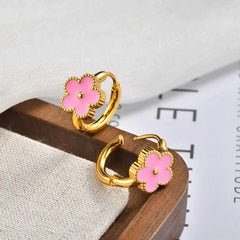 Dainty Lucky Leaf Hoop Earrings for Women Teens, Stainless Steel Flower Hoop Earrings close-up view