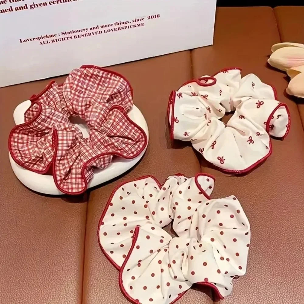 2/3pcs High End Red Cute Dot Plaid Scrunchies for Women Girls Soft Elastic Hair Ties Gen detail view