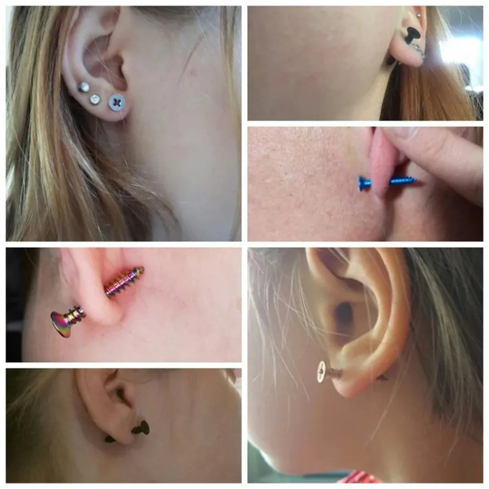 2pcs Fashion Punk 316L Stainless Steel Nail Screw Stud Earring for Women Men,Cartilage close-up view