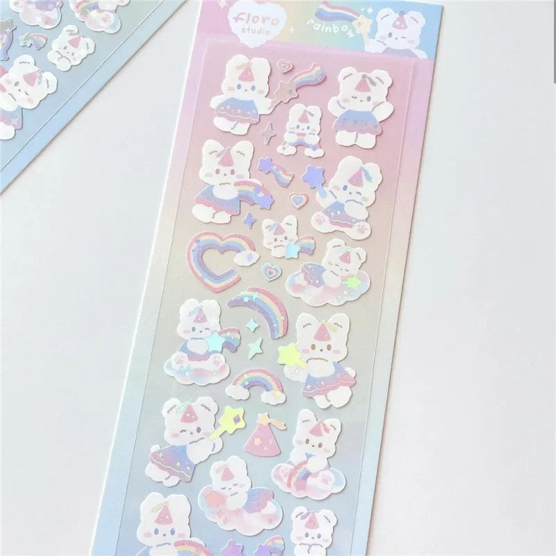 1pc Korean Cute Sticker Kawaii Bling Bunny Rainbow Four-leaf Pudding Sticker Waterproof detail view