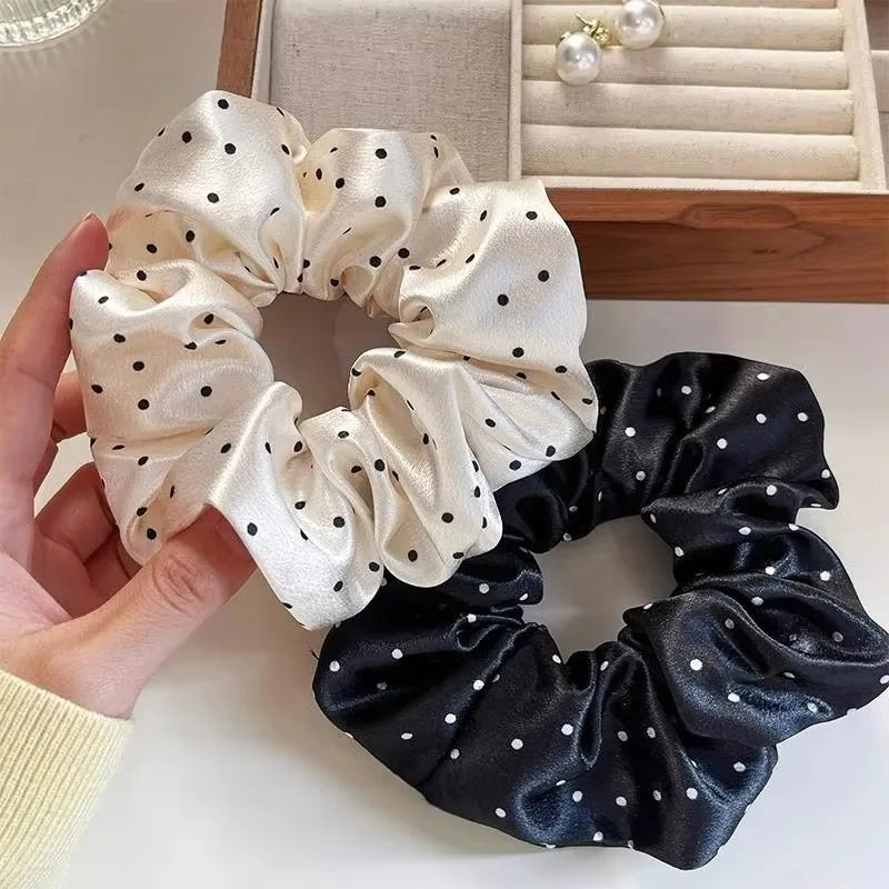 New Polka Dot White Scrunchies 12cm Large Hair Bands Female Elegant Black Hair Rope Ties detail view