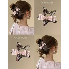 2026 New Pink Bow Tie Transparent Tea Star Hairpin Internet Celebrity Same Plate Hairpin Versatile Back Head Medium Grab Clip