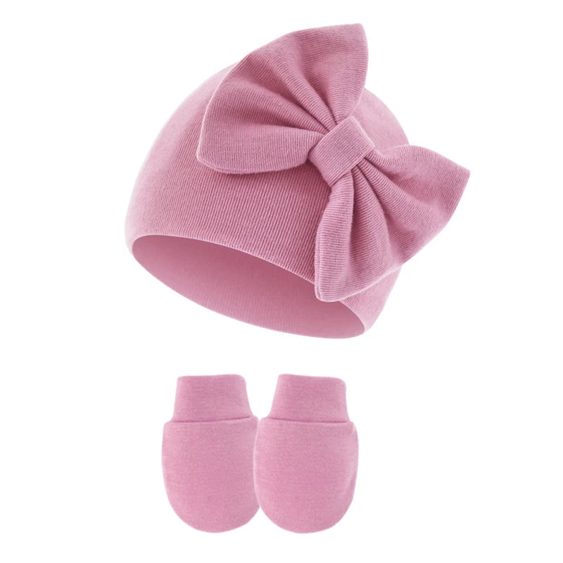 2Pcs Baby Girl Hat and Gloves Set | Newborn Princess Beanie with Big Bow for 0-6 Months detail view