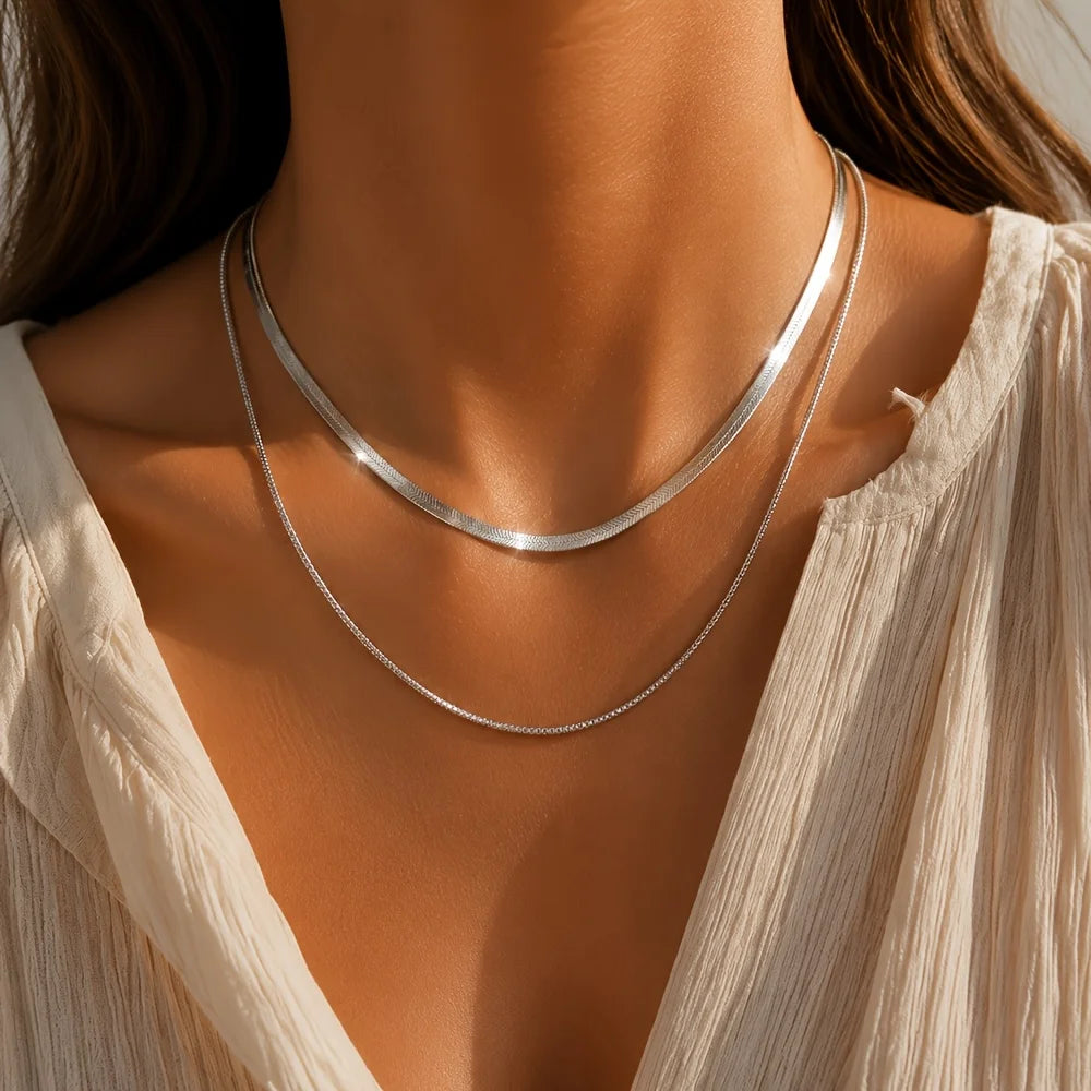 2-Piece Set of Snake Bone Chains, Simple and Stylish Casual 304L Stainless Steel Do additional angle