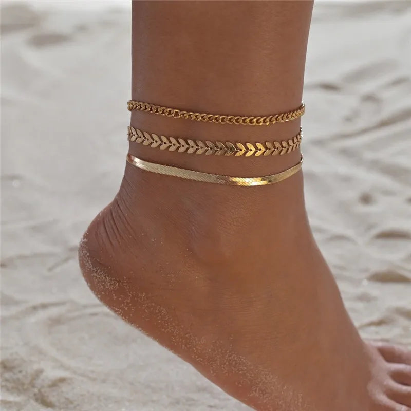 Modyle Gold Silver Color Chain Multilayer Anklets Women Beads Anklet Leg Chain Ankl additional angle