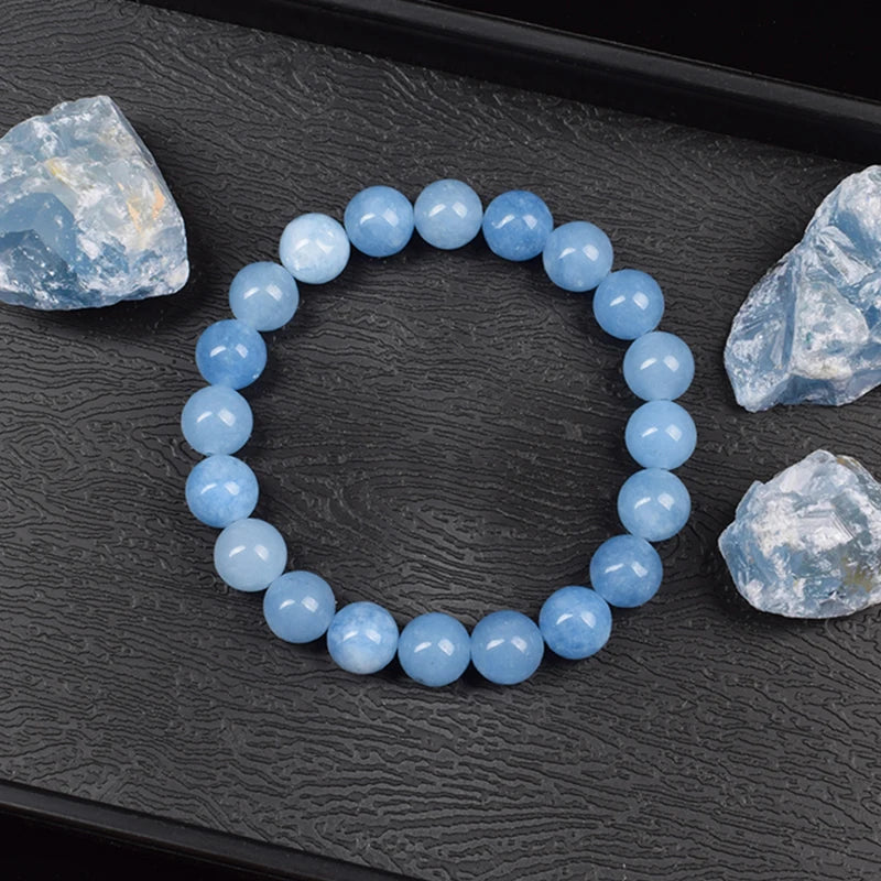 Natural Aquamarins Quartzs Beads Bracelet Women Men 6mm 8mm Sky Blue Stone Round Bead lifestyle view