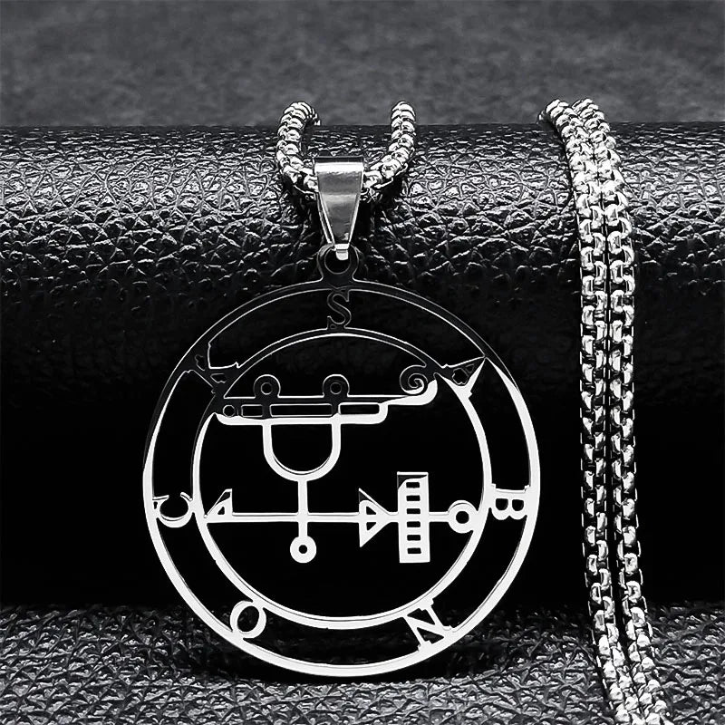 Sigeal Sigil De Lucifer Stainless Steel Satan Necklace | Asmoday Key Baphomet Pendant close-up view