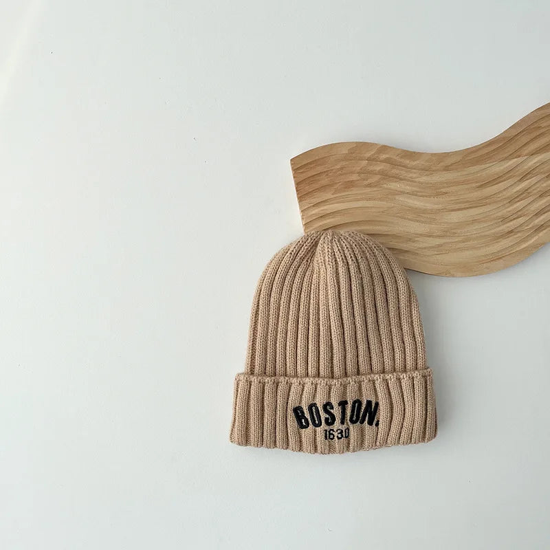 Boston Knitted Baby Hat with Letter Design | Winter Ear Protection Cap detail view