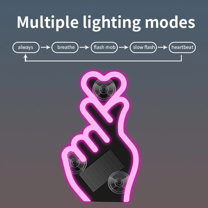 Solar Heart Shaped LED Ambient Light | Solar Powered Car Window Neon Light close-up view