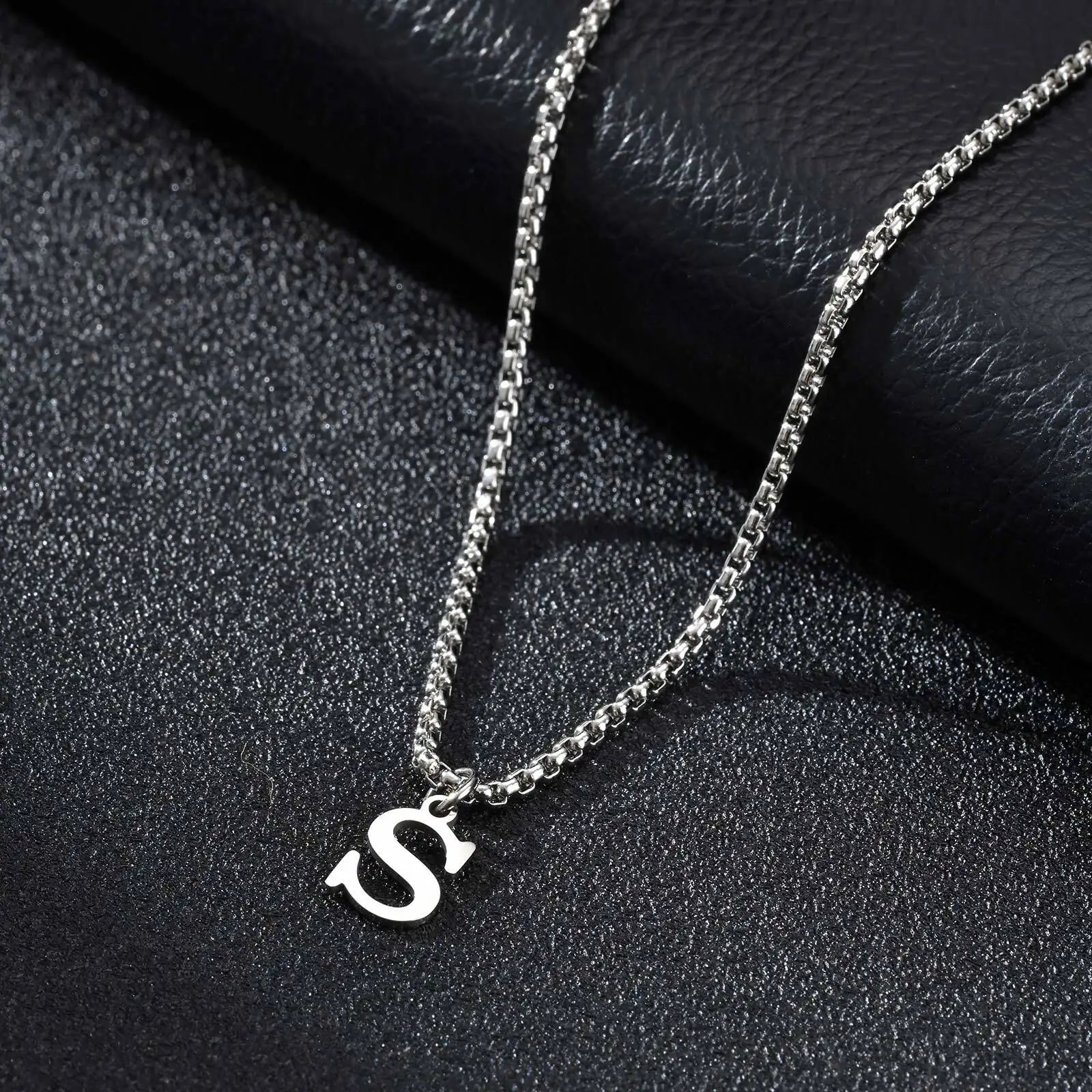 Minimal A-Z Initial Necklace for Men | Stainless Steel Letter Pendant close-up view
