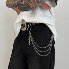 Retro Punk Cross Pendant Waist Chain | Unisex Hip Hop Jeans Keychain Accessory close-up view