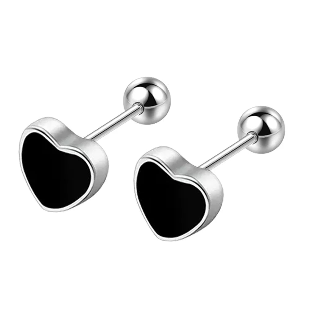 925 Sterling Silver Black Heart Star Stud Earrings | Small Round Earrings for Women detail view
