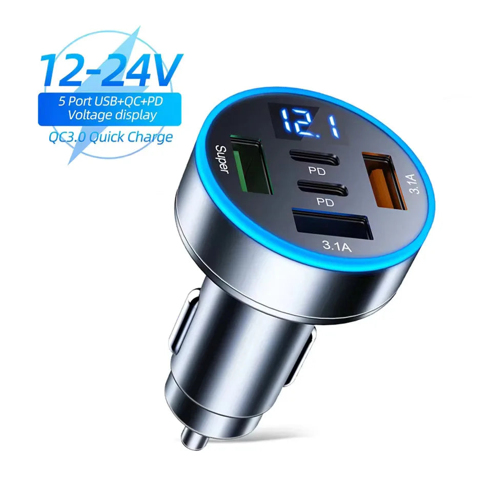 250W Car Charger USB C Fast Charging PD QC3.0 Adapter With LED Light detail view