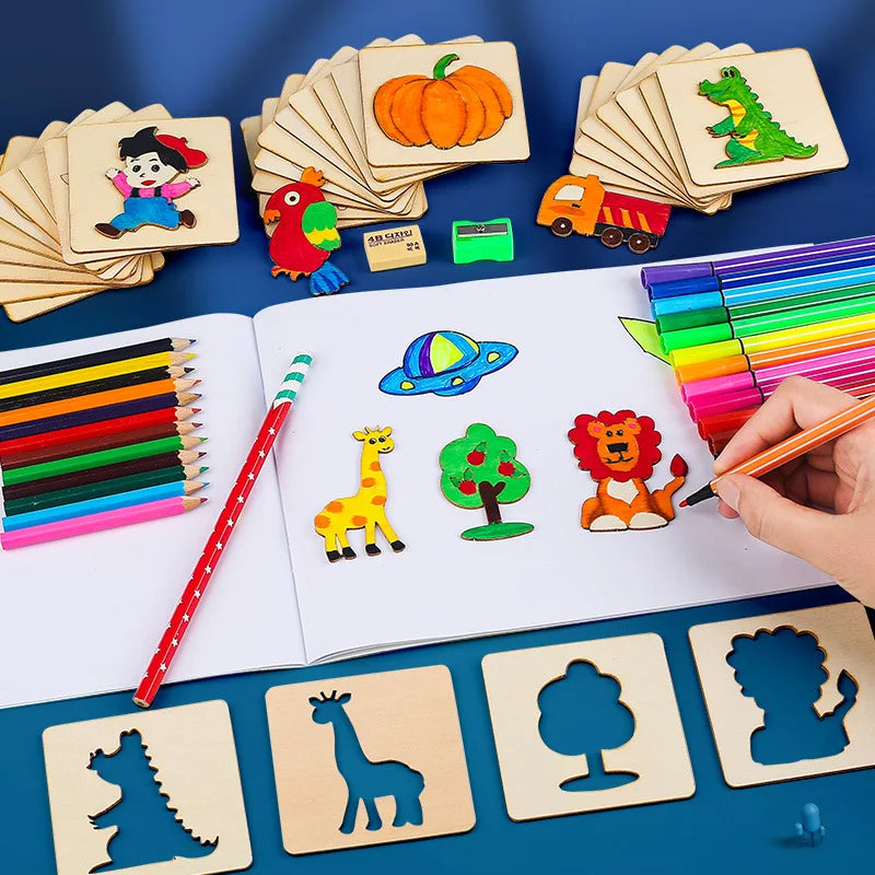 20pcs Montessori Kids Drawing Toys Wooden DIY Painting Stencils Set Craft Toy Coloring Puzzle Educat