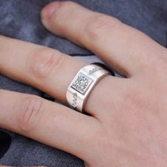 Luxury 925 sterling silver inlaid zircon crystal men's ring 18K gold plated engagement close-up view