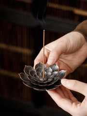 2in1 Alloy Incense Burner | Metal Sandalwood Stick Holder with Zen Lotus Design close-up view