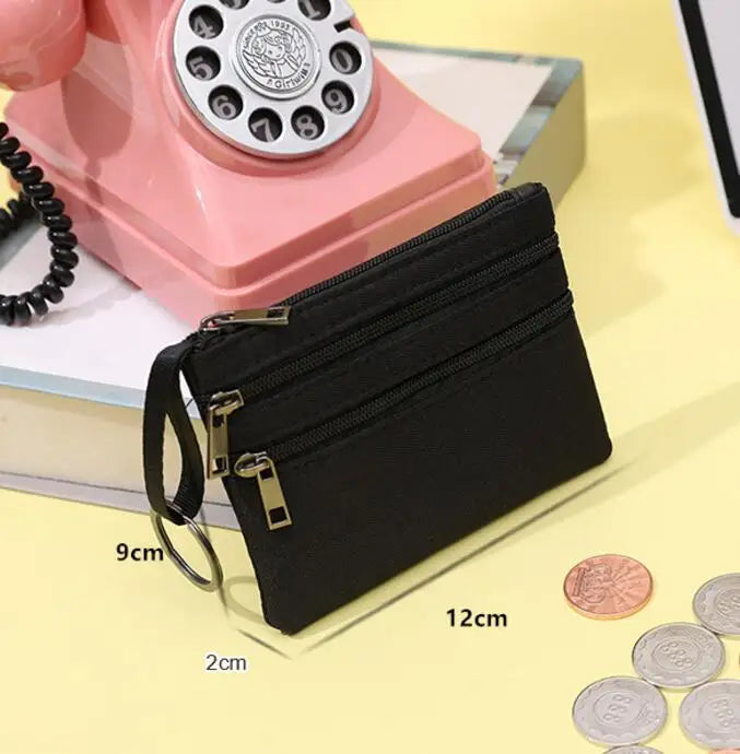 Women Mini Zippers Canvas Coin Purse | Compact Wallet with Keychain close-up view