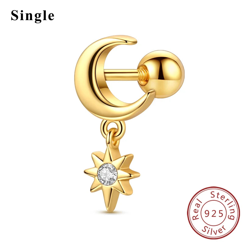 925 Stainless Steel Stud Earrings For Women Girls Simple Flower Bow Star Moon Zircon lifestyle view