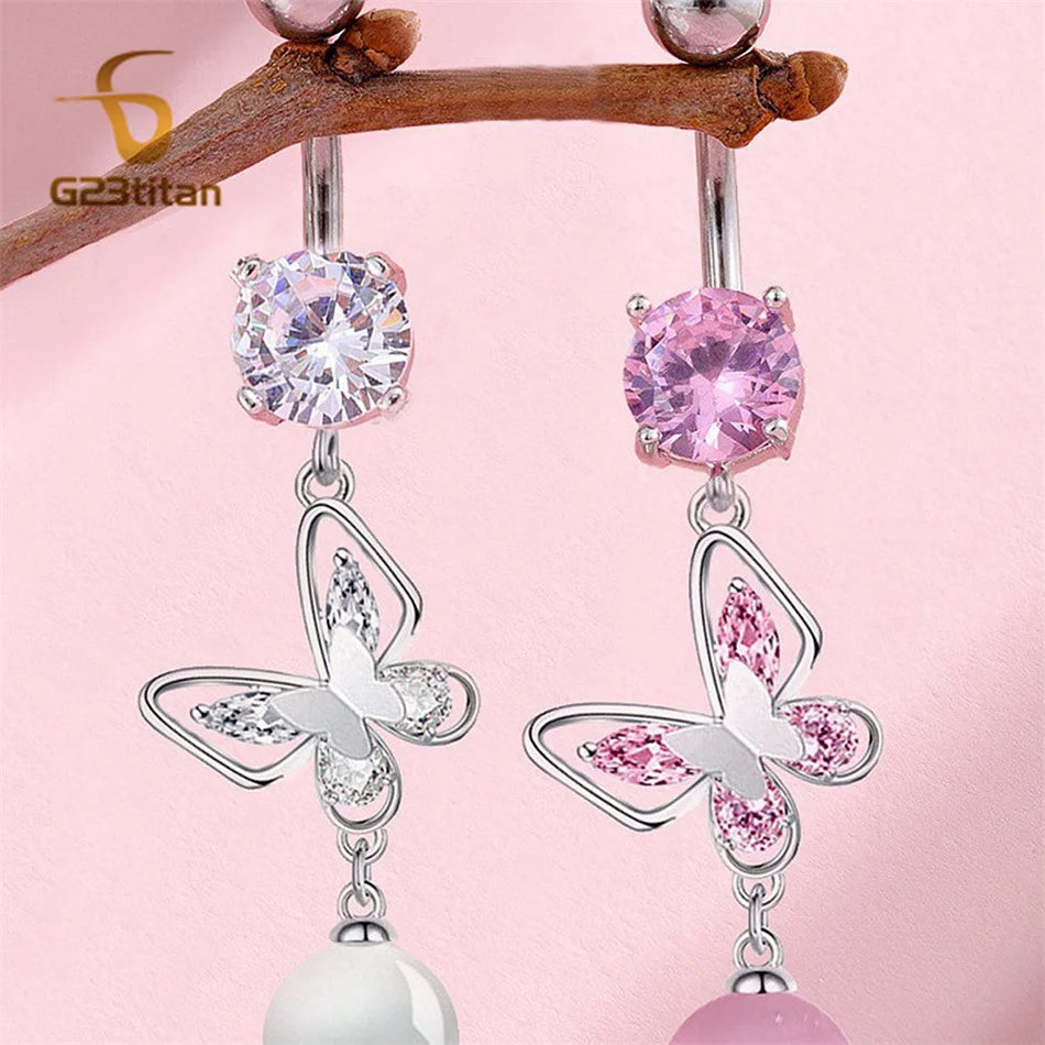 Long Belly Button Rings for Women 14G Titanium Bar Butterfly Heart Charms Dangle Nave lifestyle view