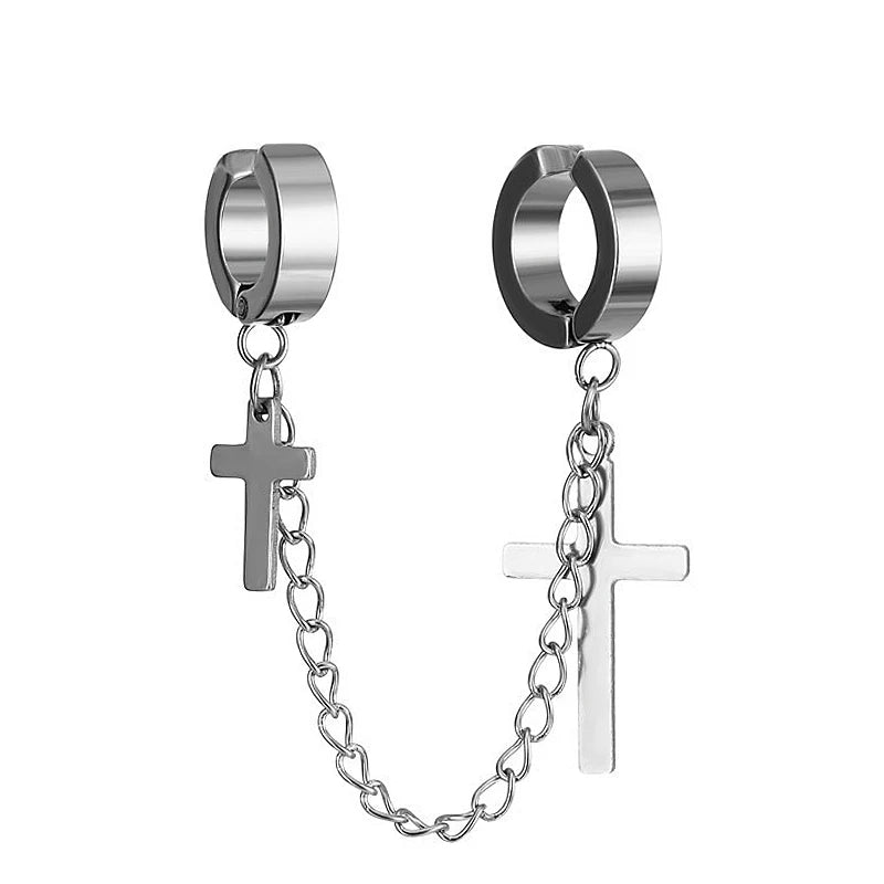 Punk Cross Tassel Earrings | Gothic Hip Hop Chain Stud Earrings additional angle