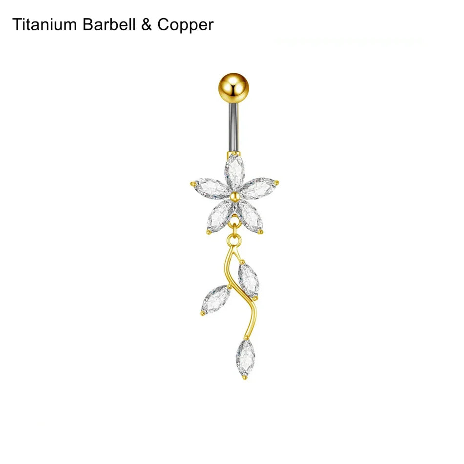 Stainless Steel Dangle Belly Button Ring Crystal Flower with Dangling Marquise Vine additional angle