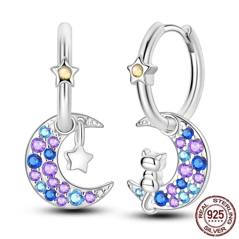 Luminous Shell Women Earrings Original 925 Sterling Silver Pave CZ Star Moon Hoop Ear lifestyle view