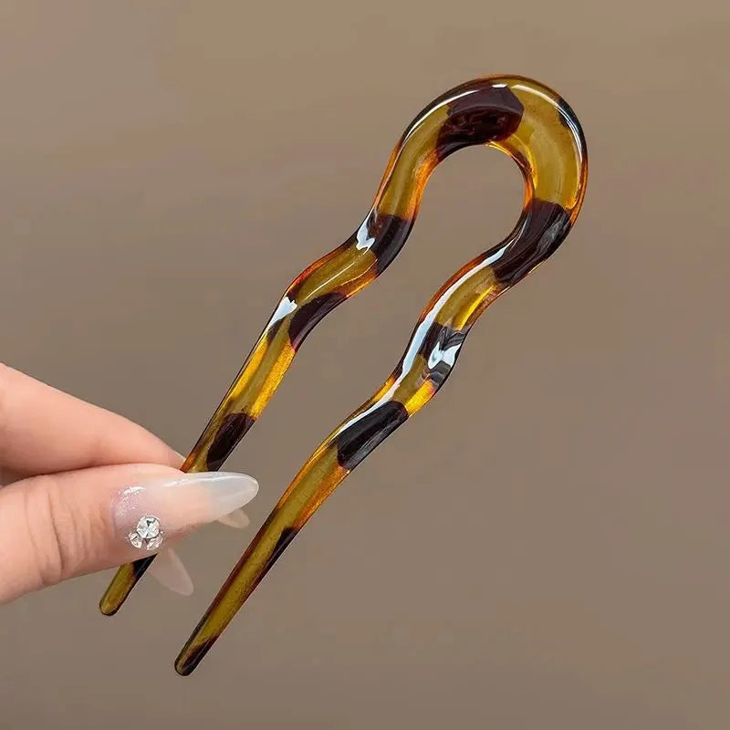 U-Shaped French Twist Hair Stick Hair Clip Plastic Wavy Hairpins Vintage Green Tortoi alternate view