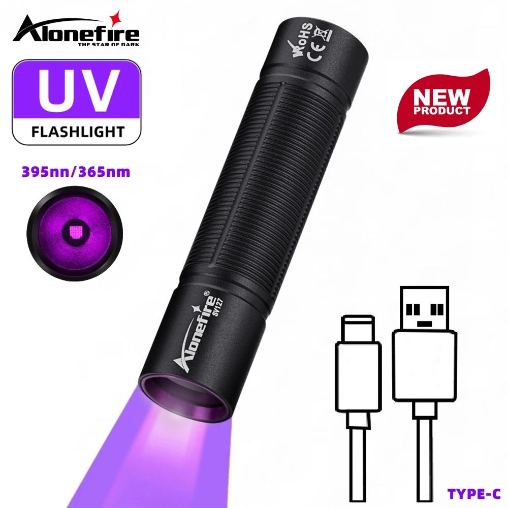 Mini 365nm/395nm UV Flashlight | USB Rechargeable Blacklight for Pet Urine Detection and Money Verif