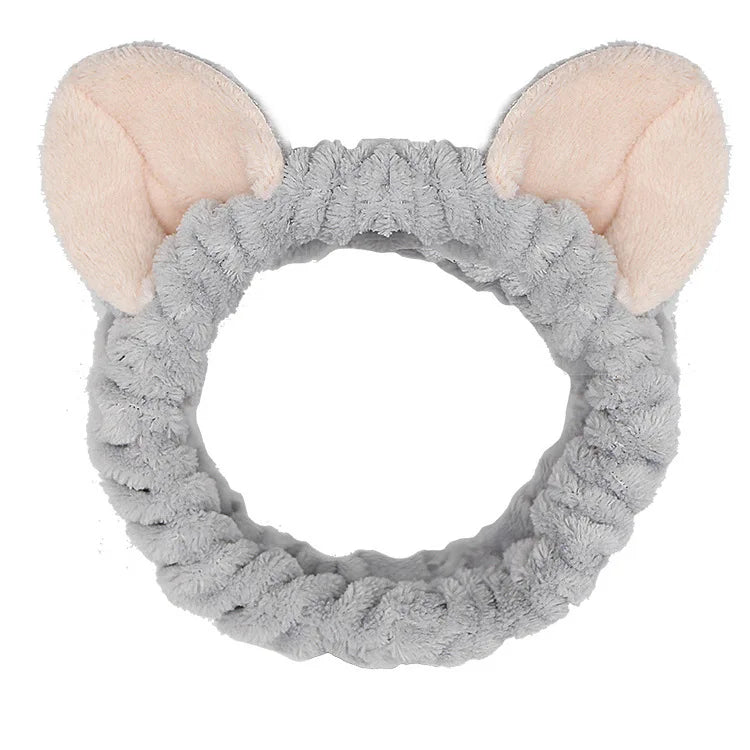 Cute Red Horns Elastic Hairbands for Women Wash Face Sport Soft Plush Rabbit Ears Head close-up view
