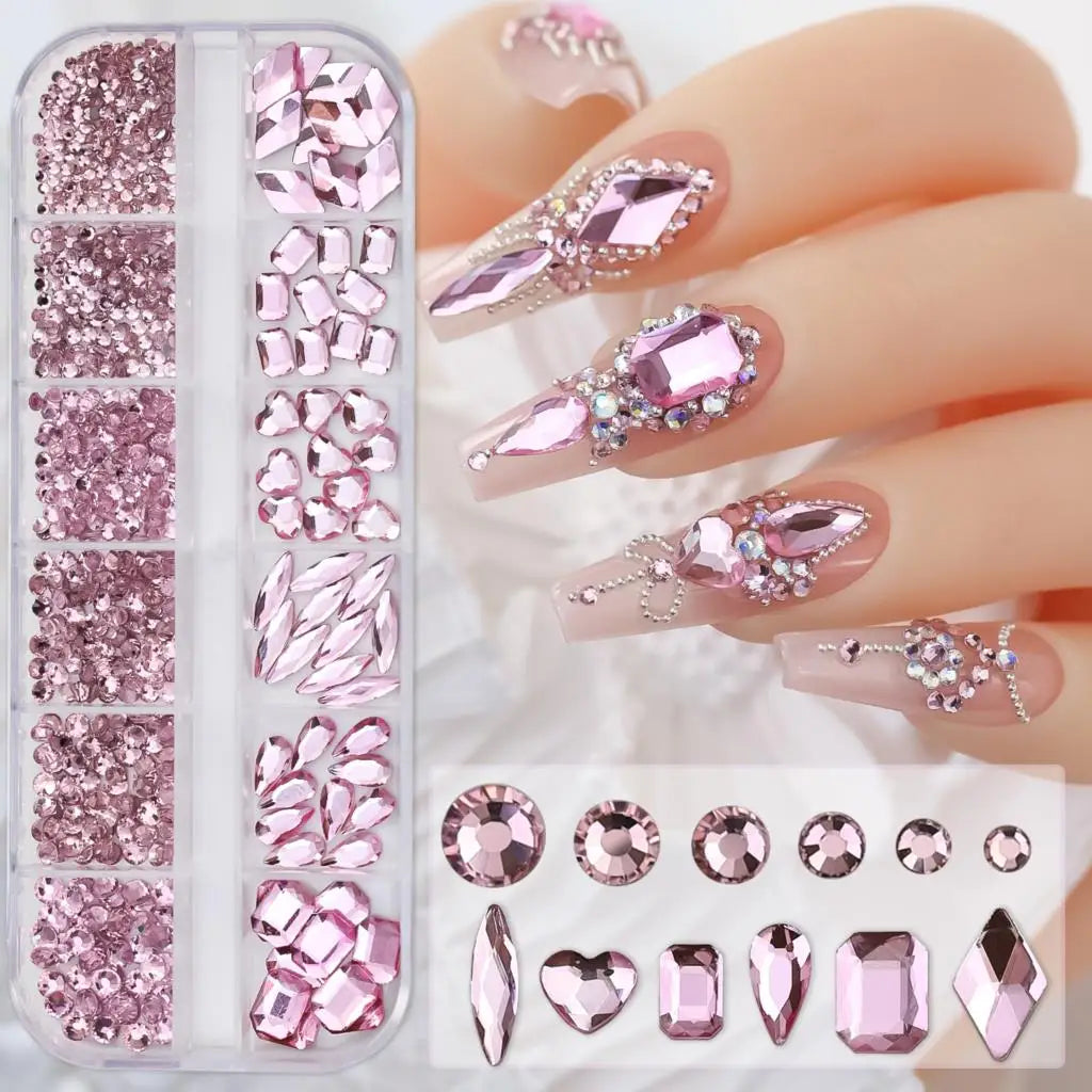 12Grids Pink Mixed Nail Rhinestones Luxury Nail Charms Glitter Crystal Jewelry Gems Nail Art Decorat