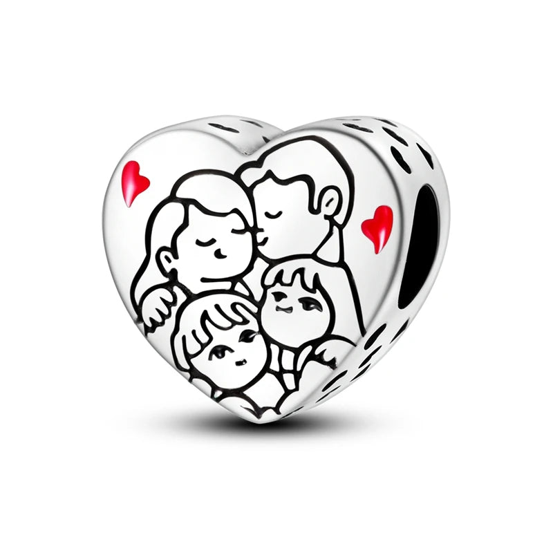 925 Sterling Silver Happy Family Charms Bead Zirconium Family Love Dangle Fit Original close-up view
