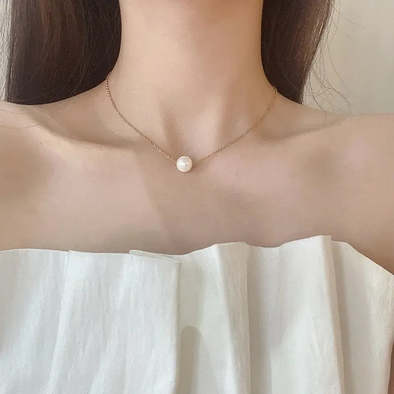 316L Stainless Steel FashionElegant One Pearl Necklace Charms Chain Choker Necklaces alternate view