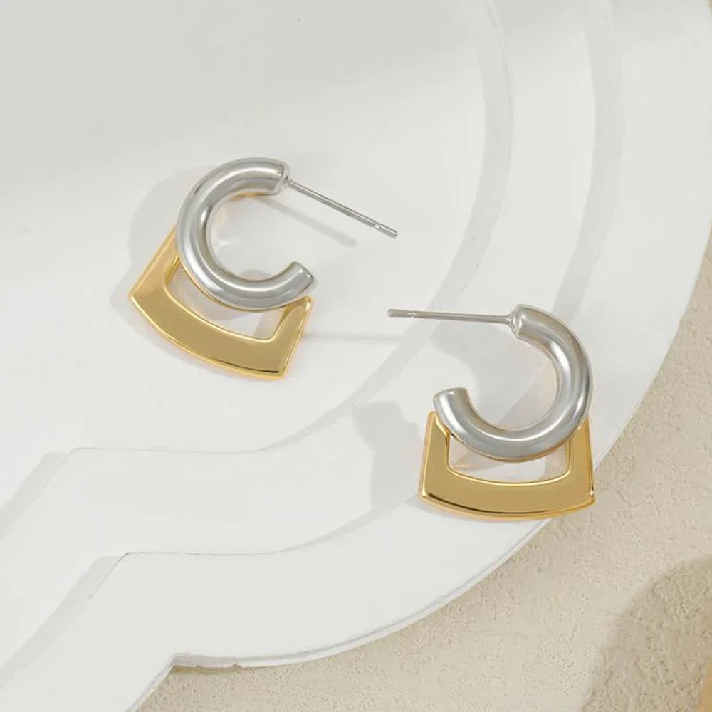 C Shape Hoop Earrings Gold Silver Mix | Trendy Women's Huggie Earrings additional angle