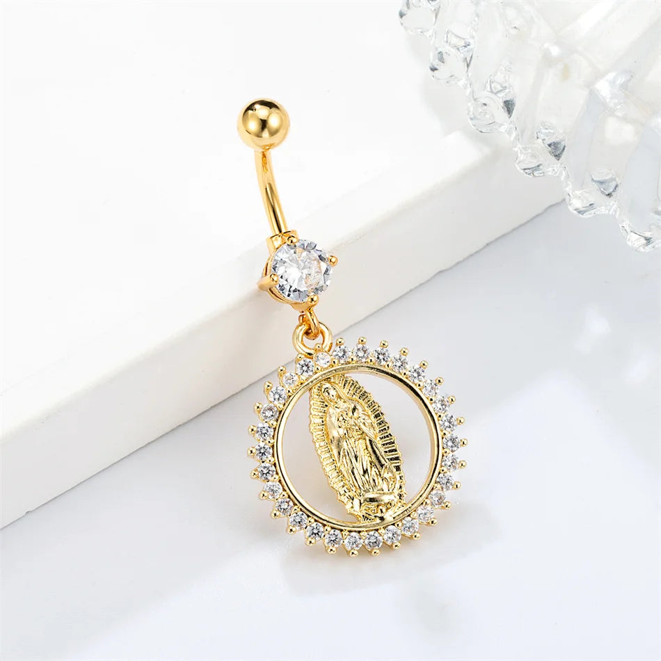 Internal Thread Titanium Navel Rings Dangle CZ Cross Jesus Mother Golden Belly Pier additional angle