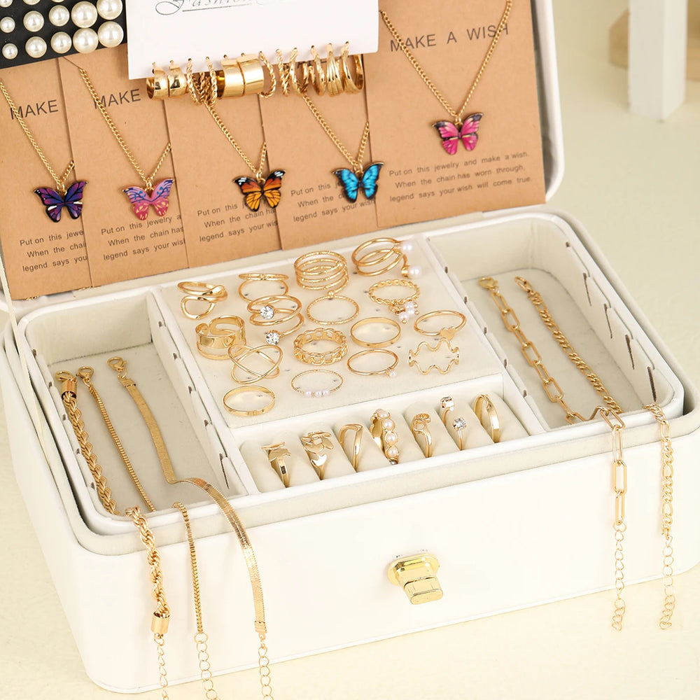 104 Pcs/Set Fashion Metal Pearl Zircon Earrings Butterfly Necklaces Bracelets Rings Comb detail view