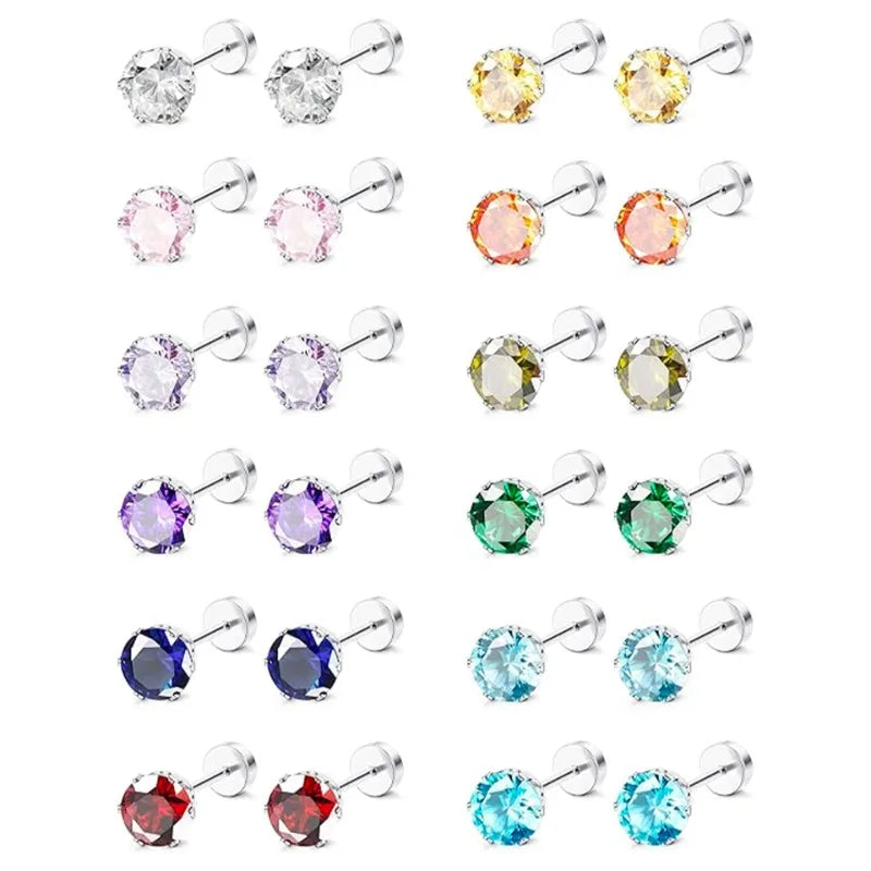 2pcs 20G Hypoallergenic Stud Earrings for Women Men, Stainless Steel Flatback Earrings Cubic Zirconi