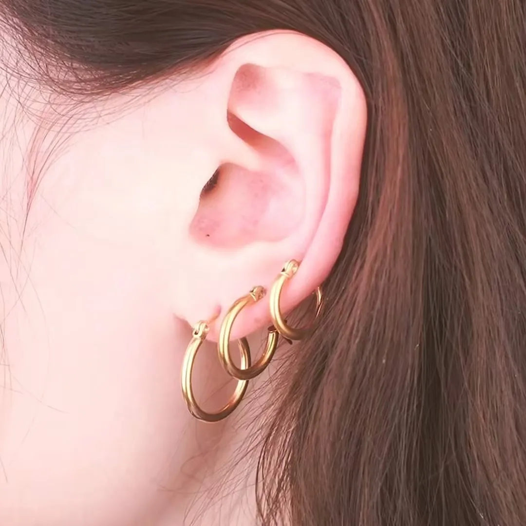 LUXUSTEEL Golden Stainless Steel Hoop Earrings | Big and Small Circle Ear Jewelry for close-up view
