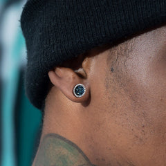 Vnox Black Crystal Round Circle Earrings for Men, Full Blue CZ Stone Ring Stud Earrings, detail view